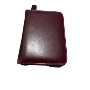 Vintage Burgundy Leather Zippered Planner Binder With Gold-Tone Rings & Address
